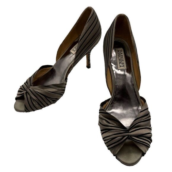 Badgley Mischka Taupe Black Stripe Peep Toe Heels Size 9‎ - Picture 1 of 10